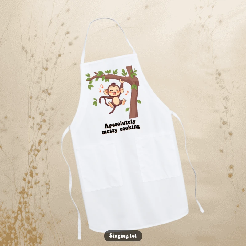 Funny Monkey Singing Apron, a playful primate in mid-song while swinging, designed for kitchen fun and protection.