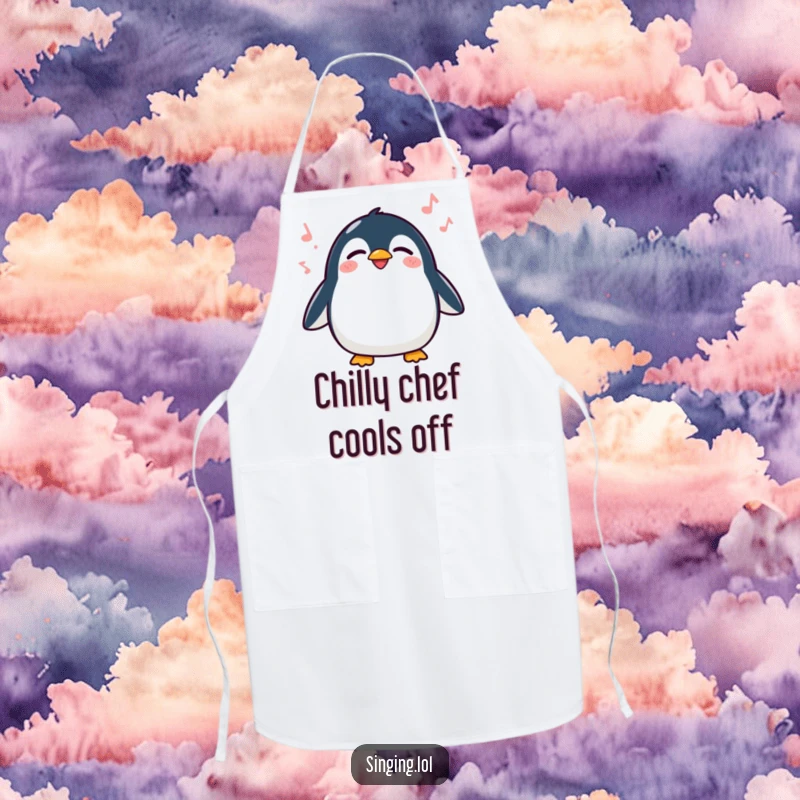 Funny Penguin Singing Apron, a happy waddling penguin singing with eyes closed, ready for kitchen fun and spills.