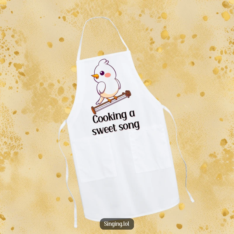 Funny bird apron with a smiling bird character perched on a musical staff, perfect for culinary harmony.