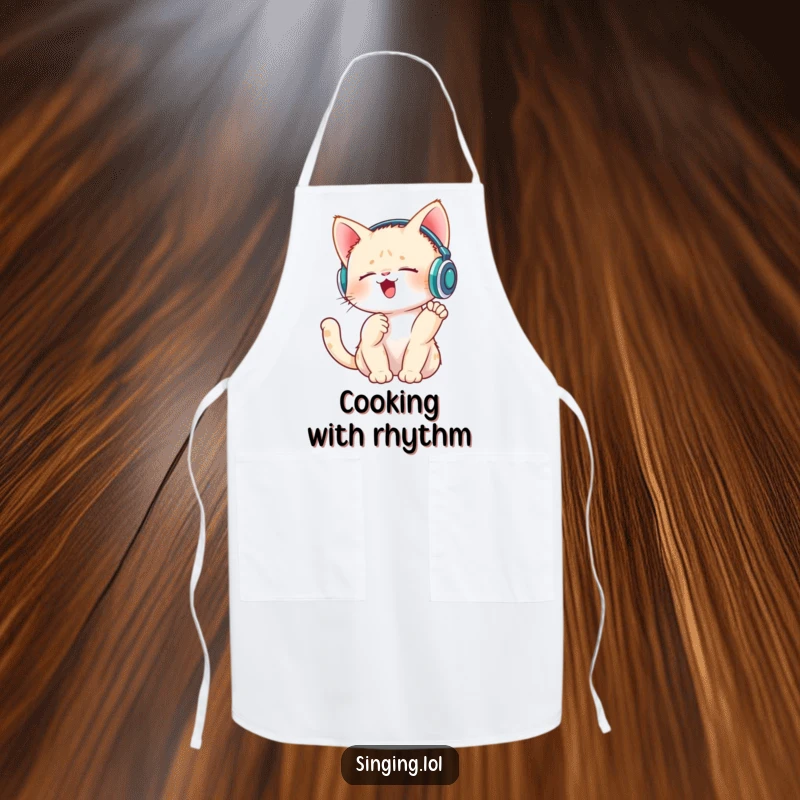 Funny kitchen apron featuring a singing kitten wearing tiny headphones and tapping its paw, ideal for cooking.