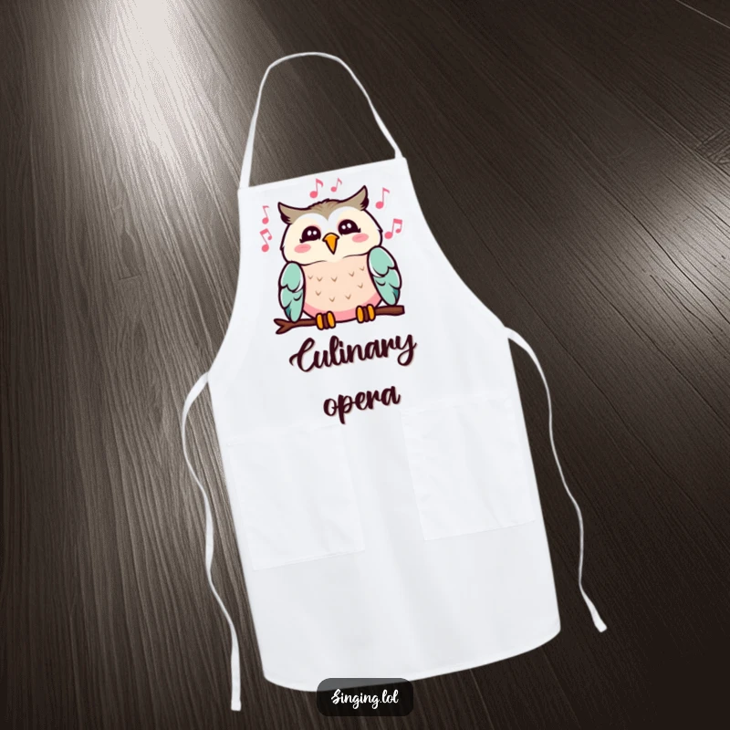 Funny apron showing a happy owl singing with musical notes, designed for cheerful kitchen protection.