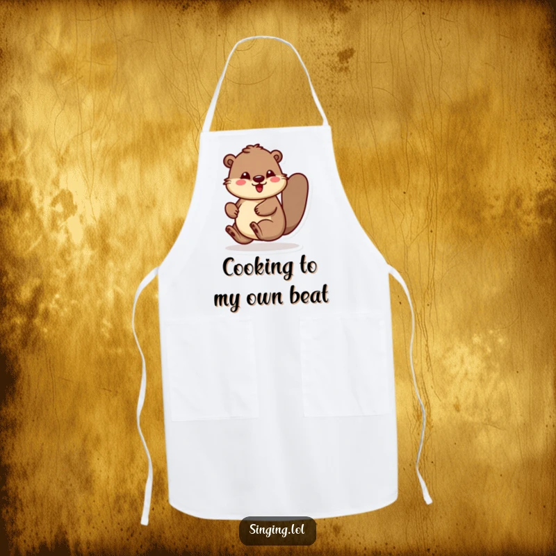 Funny apron showcasing a beaver character energetically bouncing and rhythmically tapping its foot, perfect for humorous cooking sessions.