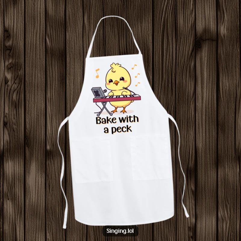 Funny apron with a bouncy chick character pecking at a keyboard, perfect for culinary coding adventures.