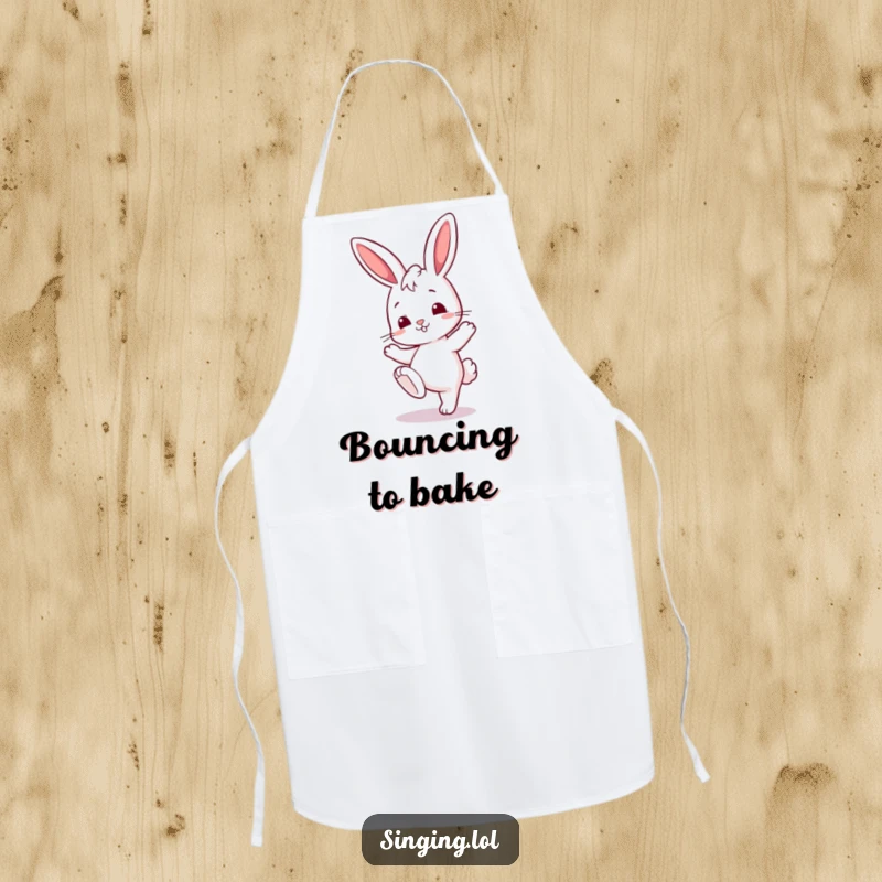 Funny apron with a curious bunny character tapping its foot, perfect for adding rhythm to cooking.