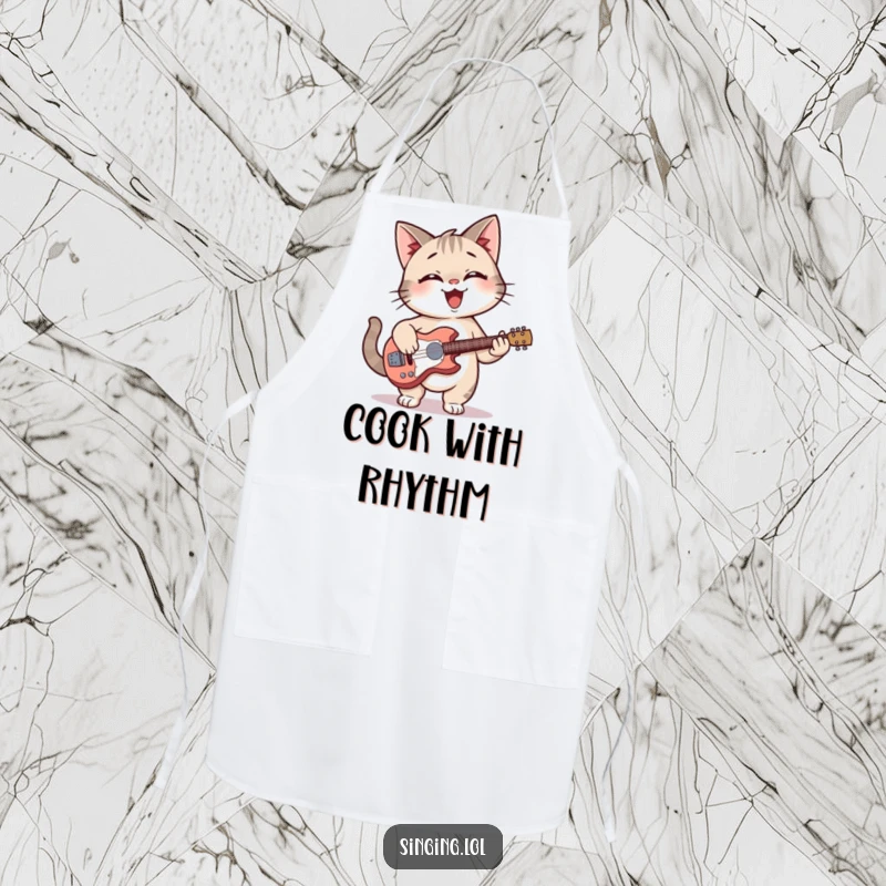 Funny cat giggling with a guitar on a kitchen apron, ideal for cooking.