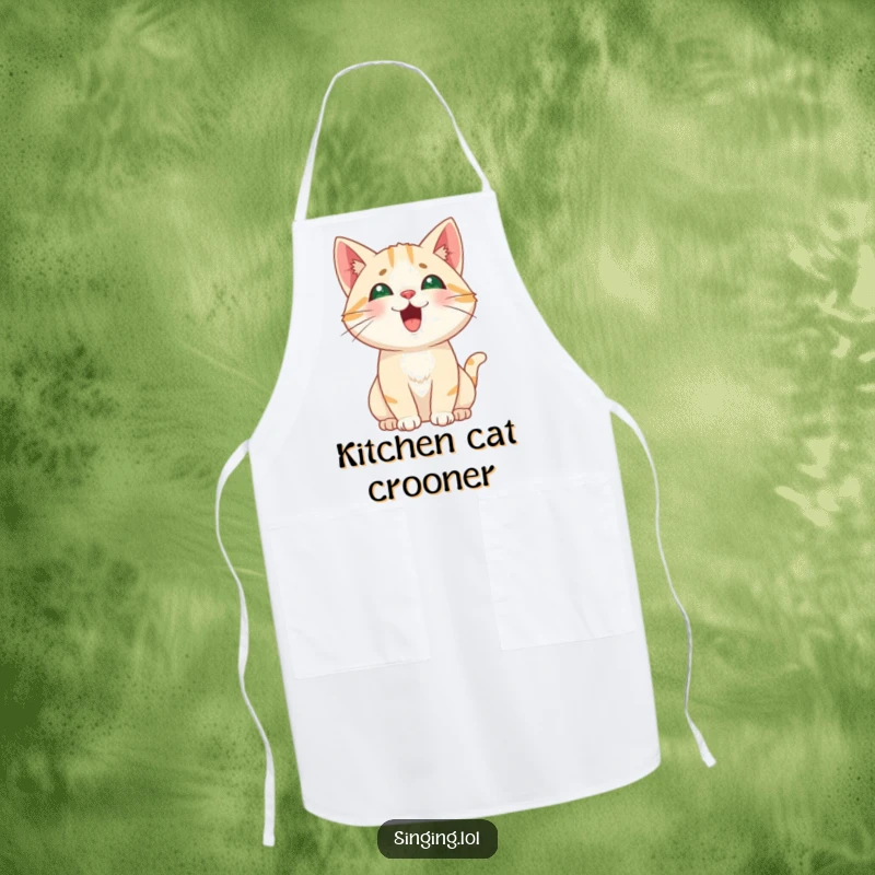 Funny Cat Meowing Apron, a curious cat character meowing a high pitch, designed for playful cooking protection.