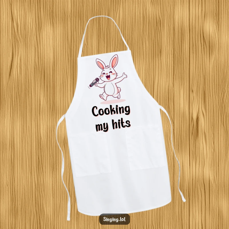 Funny apron showing a cheerful bunny hopping with a microphone, perfect for adding musical fun to cooking.
