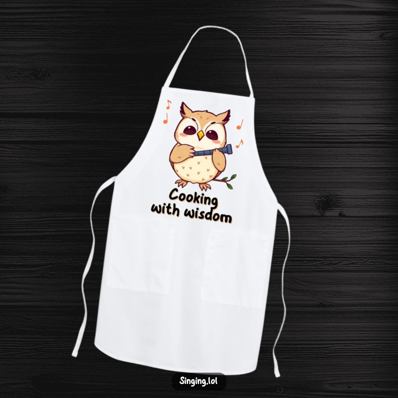 Funny owl apron with a curious owl character happily hooting along to a tune, perfect for culinary harmony.