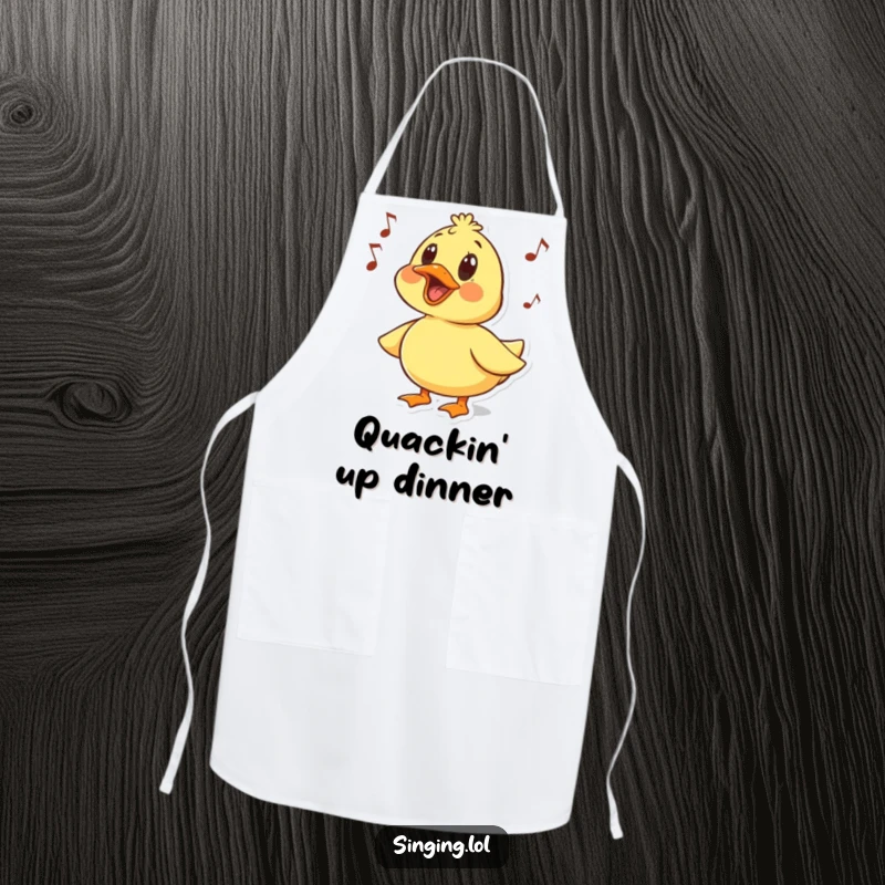 Funny apron with a surprised duck character quacking a humorous melody, ready for a fun and musical cooking experience.
