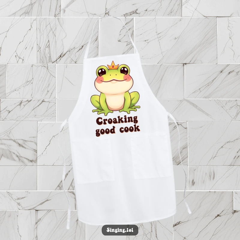 Funny Frog Prince apron showing a giggling frog prince character enthusiastically croaking a happy tune while preparing a culinary masterpiece.