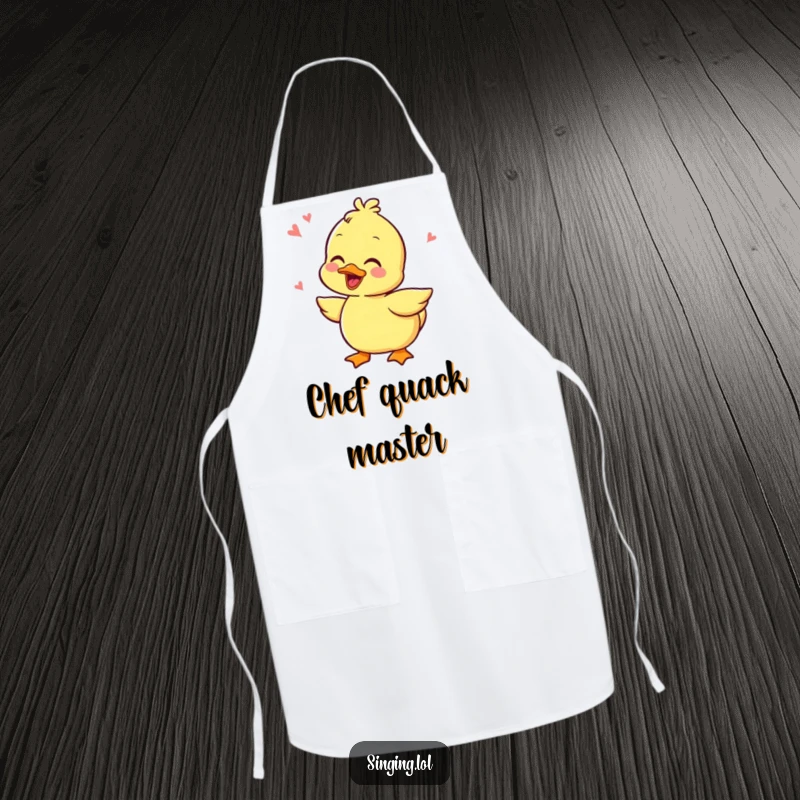 Funny apron featuring a cheerful duckling character quacking with delight while cooking, adding humor to kitchen tasks.