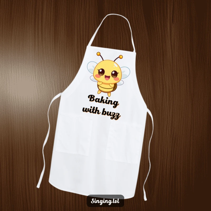 Funny apron showing a happy bee character buzzing a high note, adding a humorous musical touch to kitchen wear.