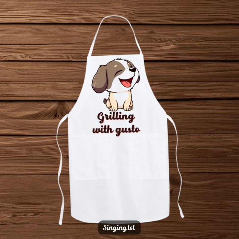 Funny kitchen apron featuring a joyful dog character howling with its head tilted back, ideal for cooking.