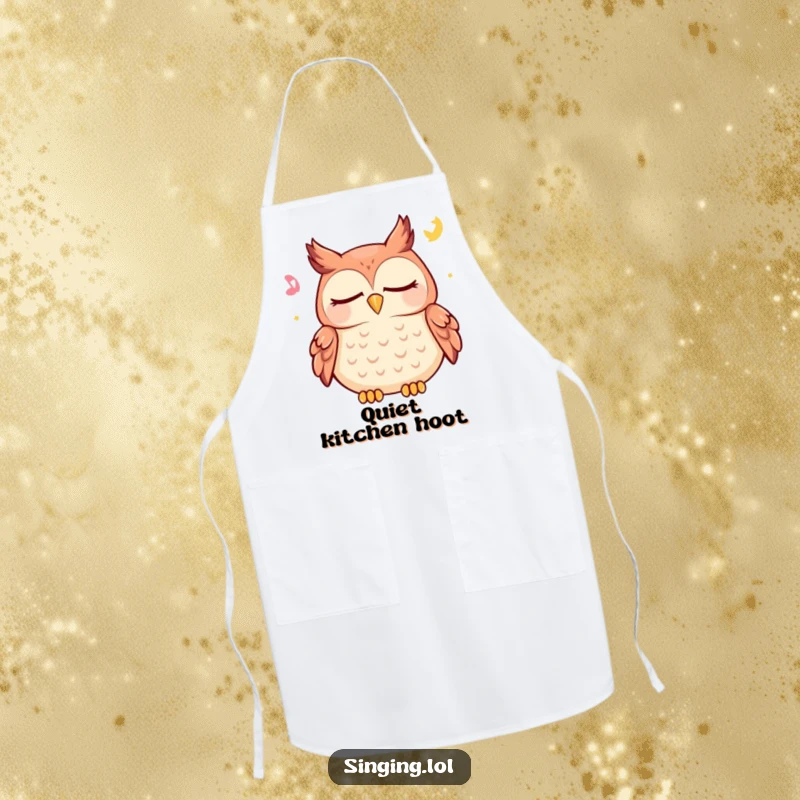 Funny owl apron with a happy character peacefully hooting a lullaby with closed eyes, bringing serenity to the kitchen.
