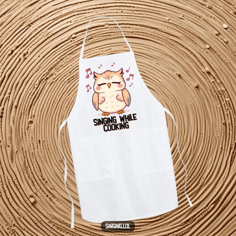 Funny apron depicting a cheerful owl character singing with eyes closed, surrounded by musical notes, perfect for kitchen fun.
