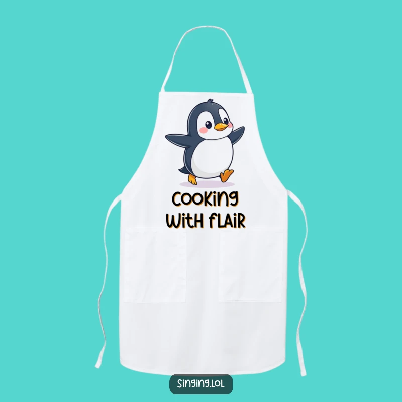 Make cooking fun with this funny penguin apron. The waddling penguin tapping its feet adds a playful touch to your kitchen adventures.