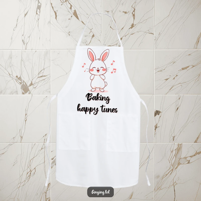 Funny rabbit apron with a cute character humming a cheerful song, adding a touch of sweetness to kitchen tasks.