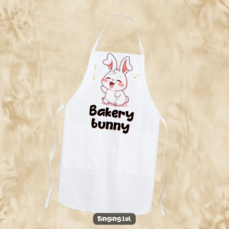 Funny rabbit apron with a delighted character with ears flopping while singing, ideal for kitchen joy.