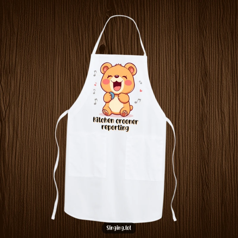 Funny apron showcasing a delighted bear cub character belting out a ballad, perfect for humorous kitchen performances.