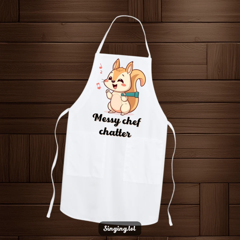 Funny squirrel apron showing a curious character chattering a happy off-key rhythm while preparing a delicious meal with enthusiasm.