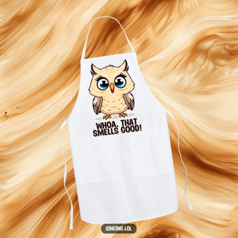 Funny Apron showing a surprised owl character hooting a high note with wide eyes, perfect for cooking and baking with amusement.