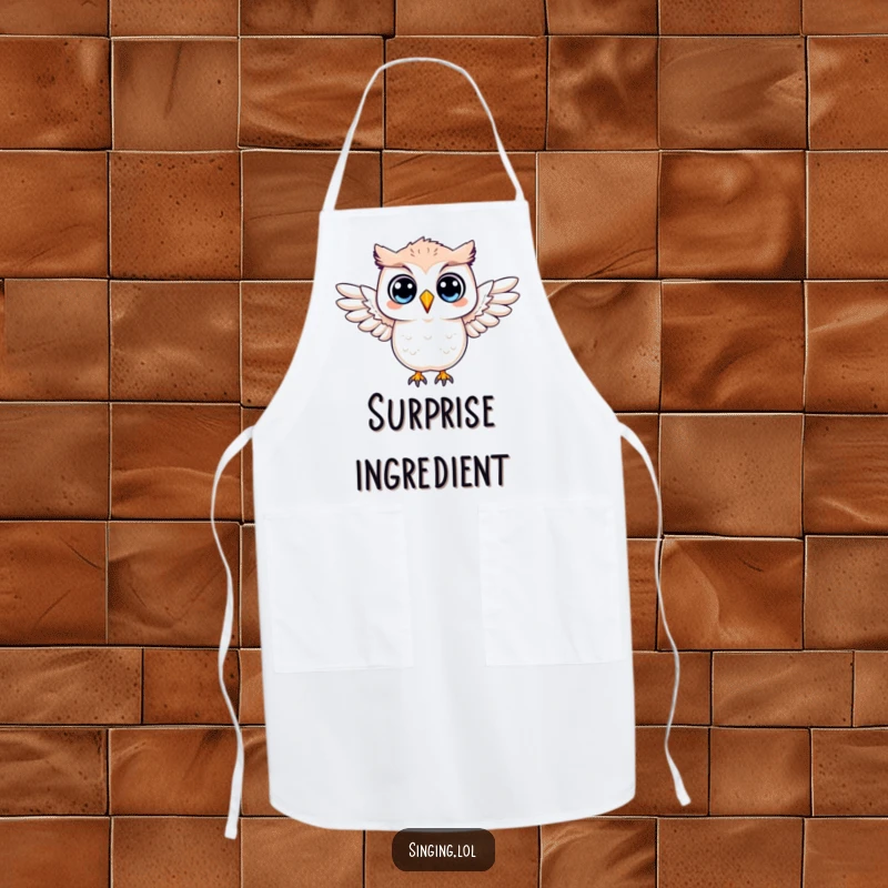 Funny apron showing a surprised owl character with its wings outstretched, adding a humorous touch to kitchen wear.