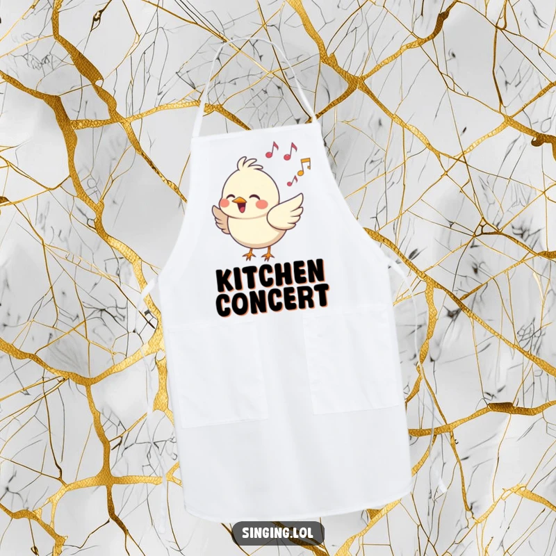 Funny Apron: A cheerful bird character sings with music notes, a humorous kitchen accessory for culinary artists.