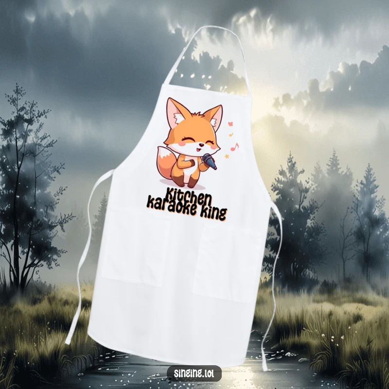 Funny apron with a happy fox character holding a microphone and singing enthusiastically while cooking.
