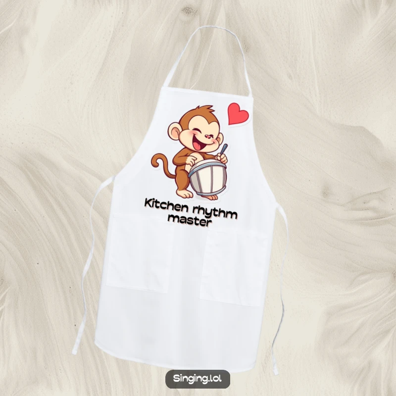 Funny monkey apron with a mischievous monkey drummer character enthusiastically tapping a drum, perfect for kitchen beats.