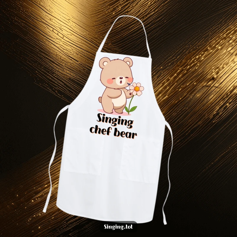 Funny apron showing a small bear tapping its foot and singing into a flower, ideal for kitchen fun with a natural touch.