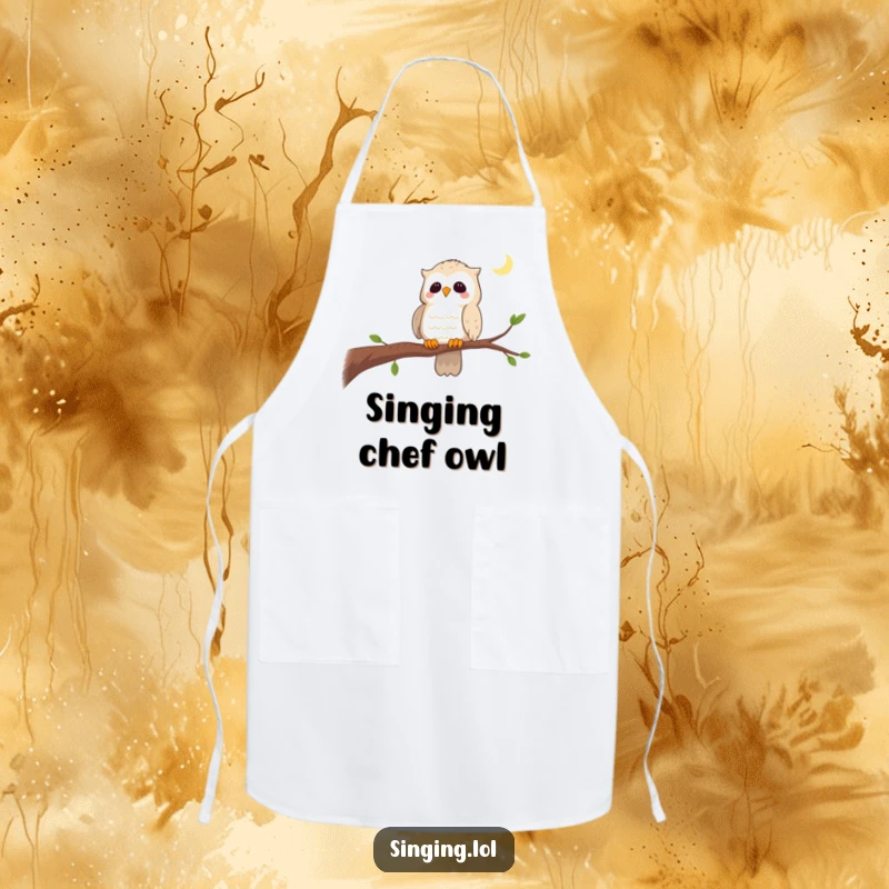 Funny apron showing a curious owl singing a lullaby on a branch, ideal for kitchen tasks with a touch of calm.