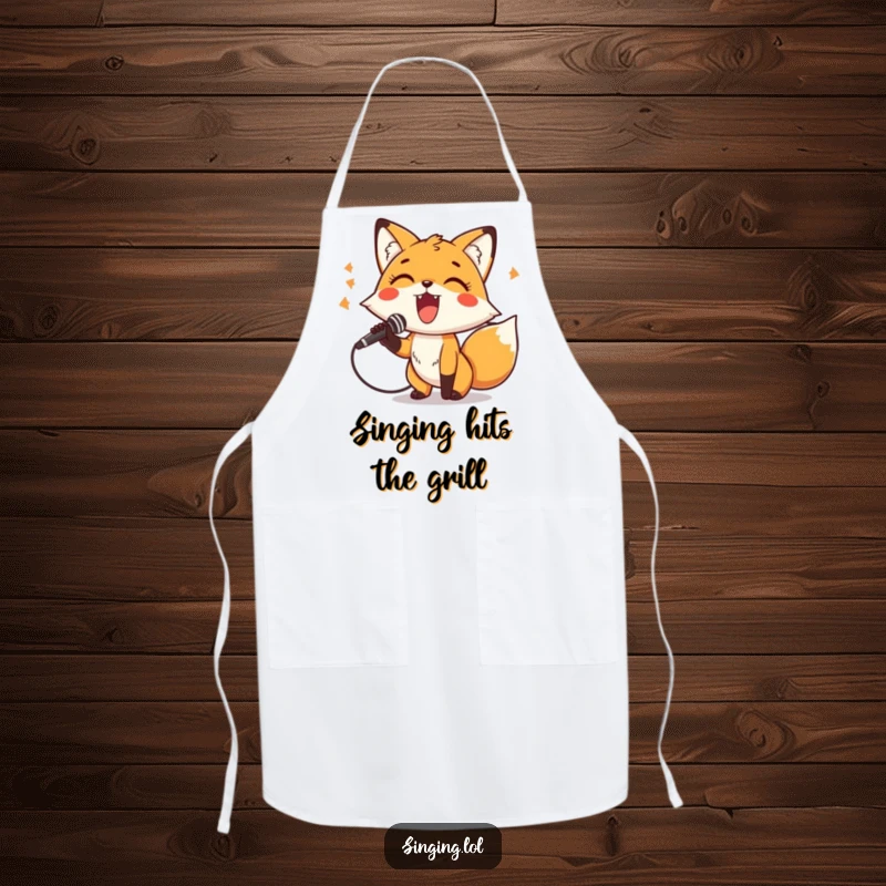 Funny Apron showing a cheerful fox character holding a microphone and belting out a tune, perfect for culinary performances.