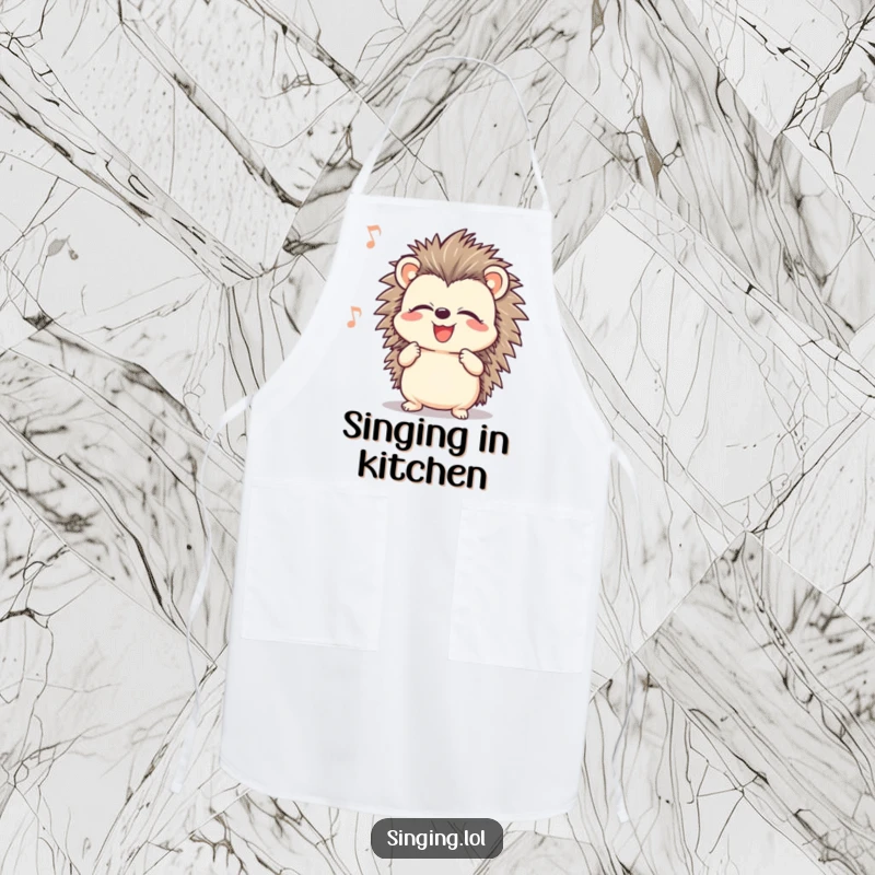 Funny smiling hedgehog character with closed eyes, singing, illustrated on a practical and humorous kitchen apron.