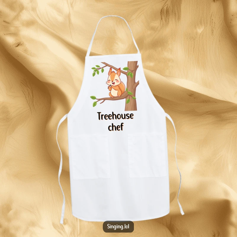 Funny Apron: A happy squirrel serenades from a tree branch, a humorous kitchen accessory for nature enthusiasts.
