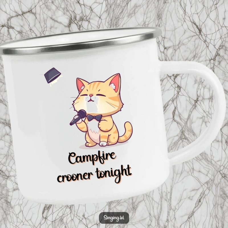 Funny enamel camping mug with a debonair cat character crooning into a spotlight, perfect for outdoor music lovers.