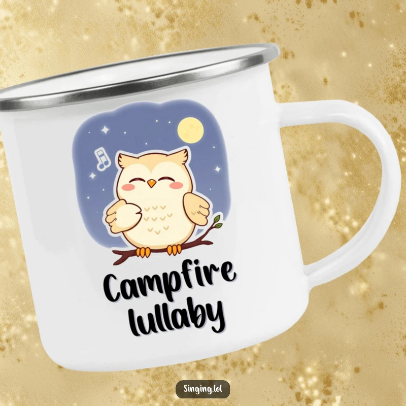 Funny camping mug with a smiling owl serenading the moon with a soft melody, perfect for night adventures.