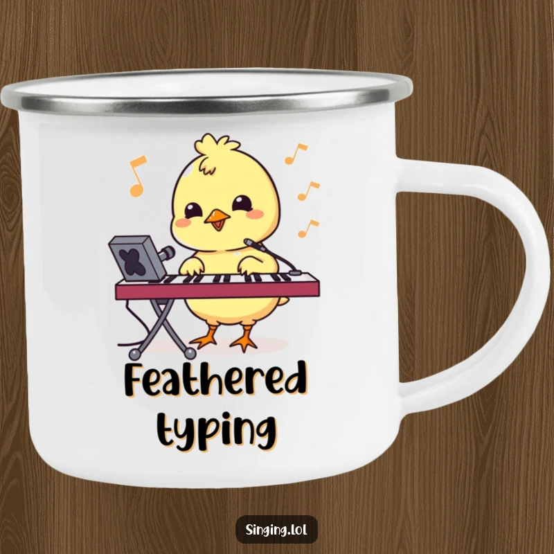 Funny camping mug with a bouncy chick character pecking at a keyboard, for outdoor tech fun.