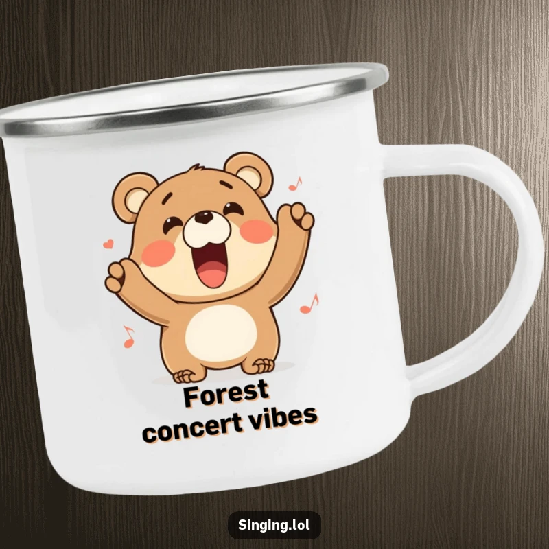 Funny bear camping mug depicting a character belting out a tune with a wide grin, perfect for outdoor enthusiasts.