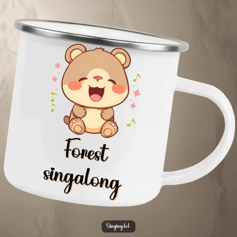 Funny camping mug with a joyful bear cub character singing with a wide smile around a campfire.