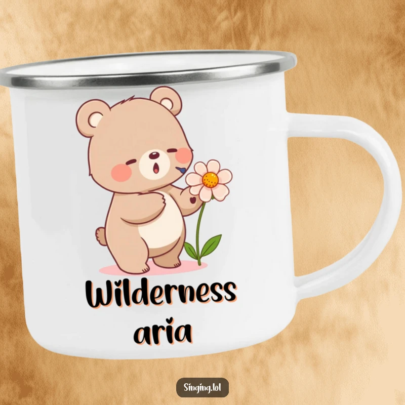 Funny camping mug featuring a small bear tapping its foot and singing into a flower, perfect for enjoying beverages outdoors.