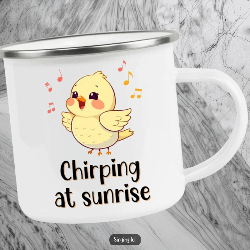 Funny camping mug with a happy little bird chirping loudly amidst flying music notes, ready for outdoor serenades.