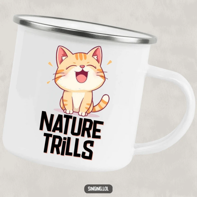 Funny enamel camping mug featuring a happy cat character making a vocal trill, ideal for adding feline charm to outdoor trips.