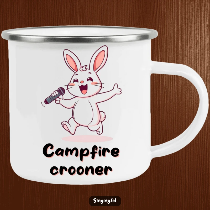 Funny camping mug featuring a cheerful bunny hopping with a microphone, ready for outdoor performances and songs.