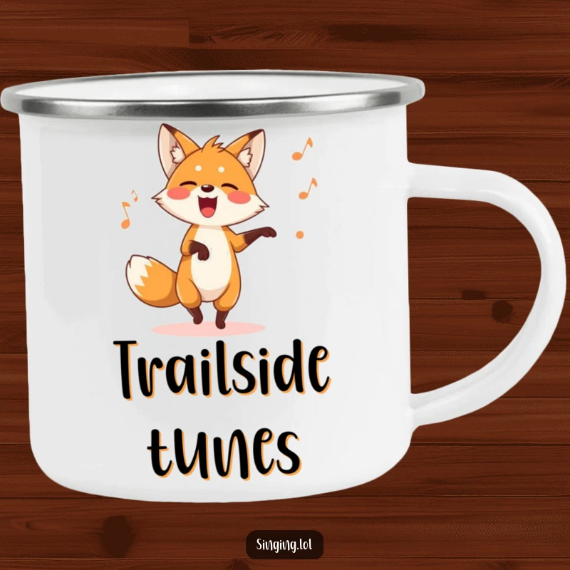 Funny fox camping mug with a playful character dancing while singing a silly song, perfect for outdoor fun.