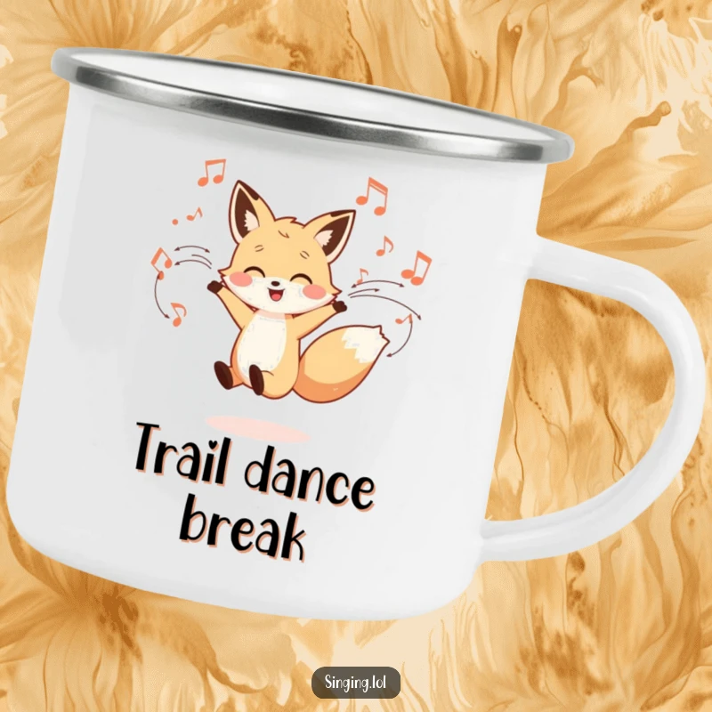 Funny camping mug featuring a little fox character dancing joyfully with musical notes swirling, perfect for outdoor adventures and campfire tunes.