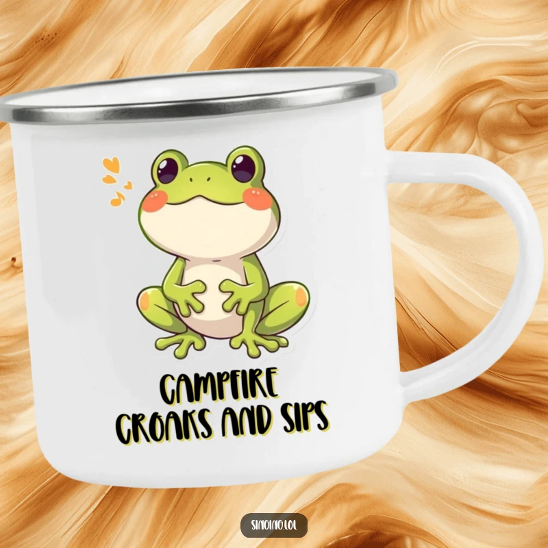 Funny Frog Croaking Camping Mug, a happy frog hitting a booming song, ready for outdoor adventures.