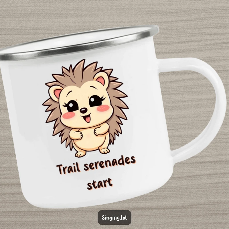 Funny wobbly hedgehog character hitting a high note, printed on a durable camping mug for outdoor enthusiasts.