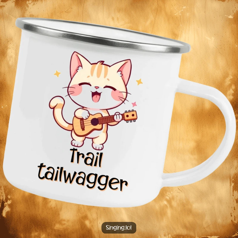 Funny kitten camping mug, a playful cat performing solo, tail wagging, perfect for outdoor adventures and music lovers.