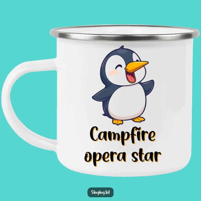 Funny Penguin Ballad Camping Mug: Campfire Crooner, Durable Funny Gift