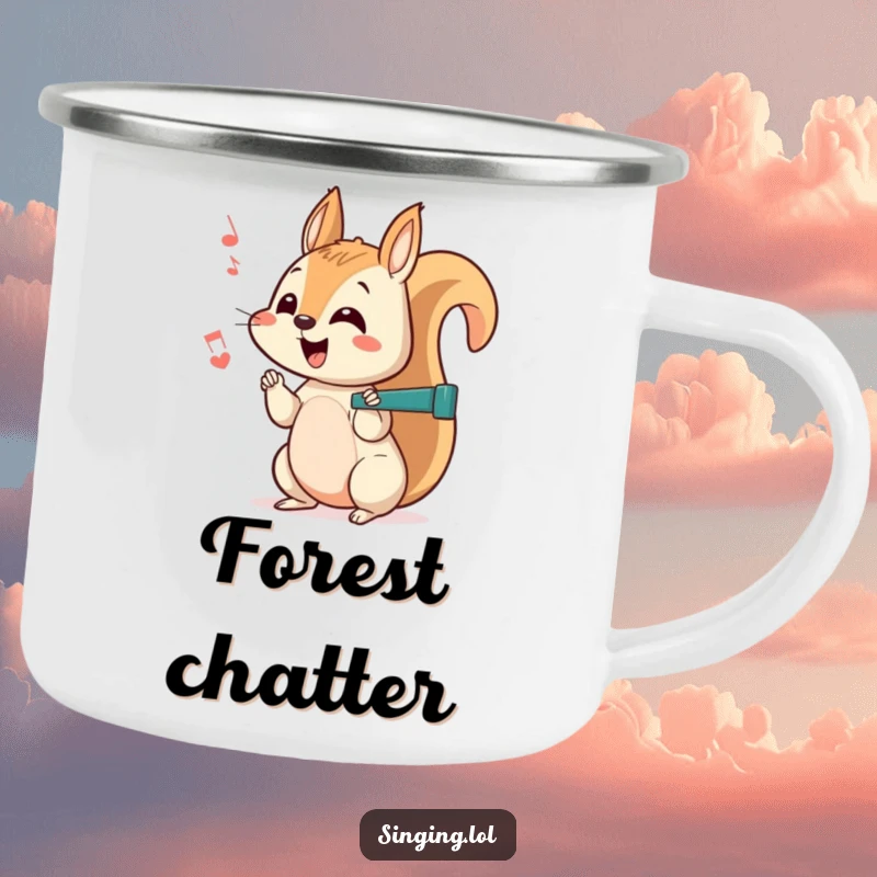 Funny squirrel camping mug with a curious character chattering a happy off-key rhythm, perfect for campfire stories and woodland adventures.